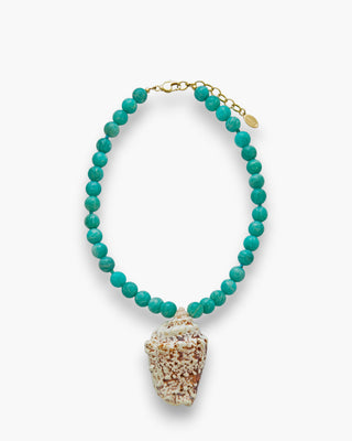 Cal Necklace with amazonite stones, turquoise spacer beads, and spotted shell pendant on a white background.