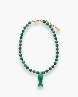 Enzo Necklace with dragon blood stones and green aventurine fish pendant on a white background