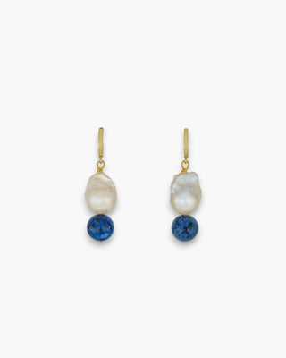Hope Earrings with baroque pearls and deep blue dumortierite on a white background
