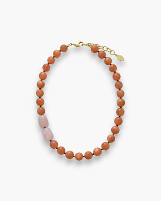 Jill Necklace with sunstone, rose quartz, and unakite spacer beads on a white background