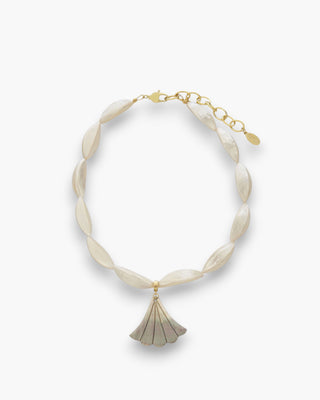 Kate Necklace with troca shells and lip shell fan pendant on a white background