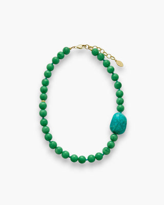 Moni Necklace with green angelite and turquoise stone on a white background