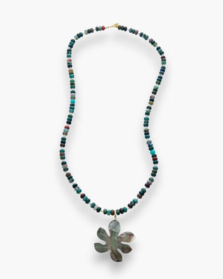 Paige Necklace with Indian agate, amazonite, pearls, and lip shell pendant on a white background.