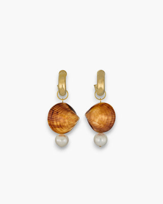 Rae Earrings with natural shell drops and pearl accents on a white background