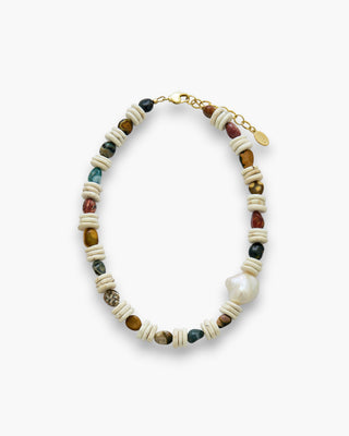 Remi Necklace with Indian agate, magnesite, and baroque pearl on a white background