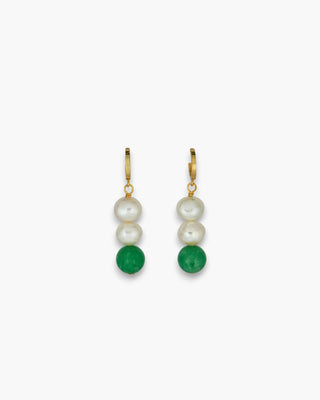 Roni Earrings with freshwater pearls and green angelite on a white background